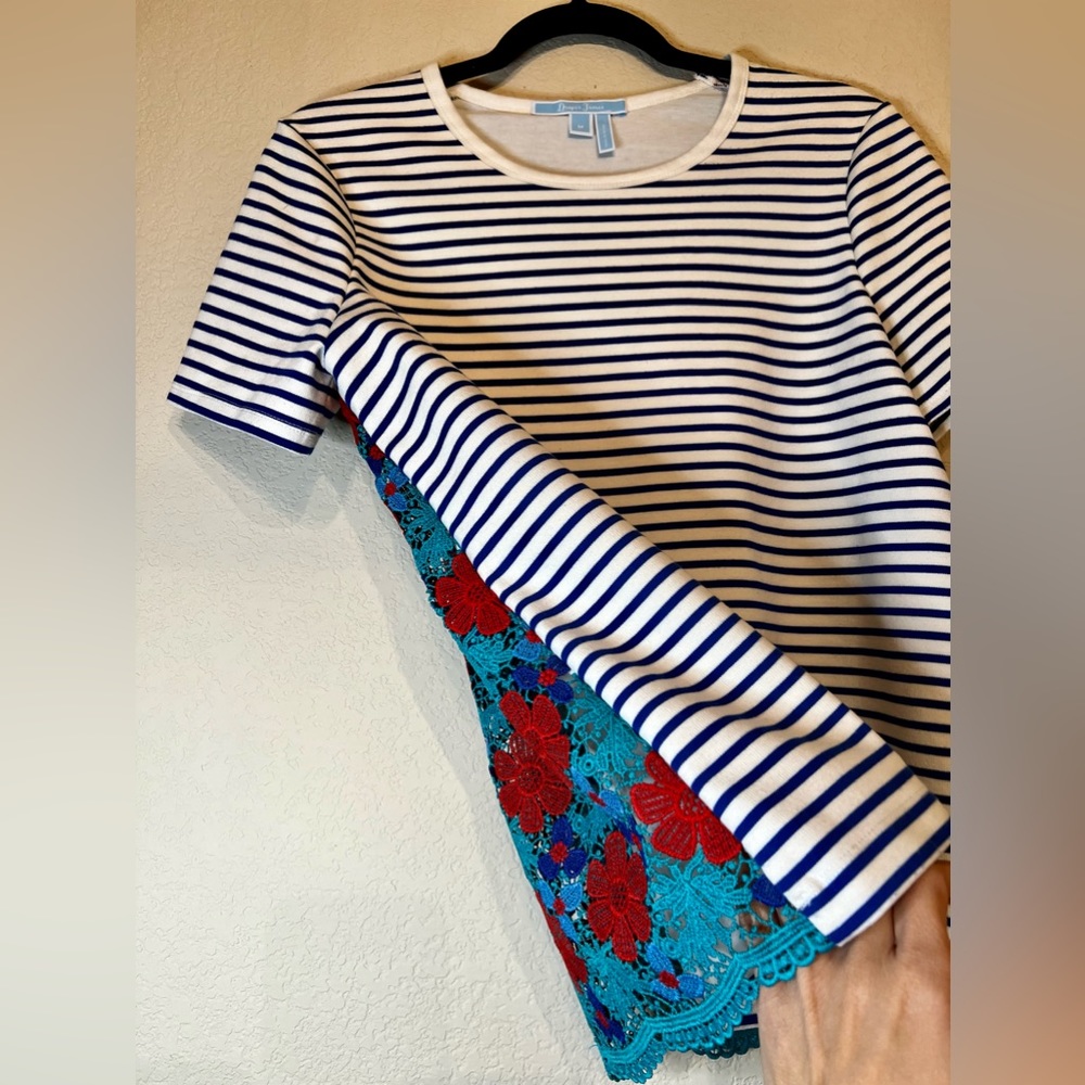 Draper James, Striped Floral Lace Short Sleeve Top, Size M
